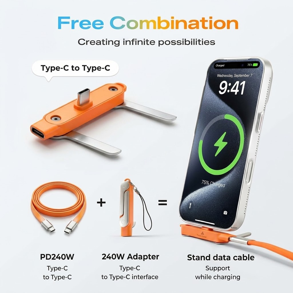 Fast-Charging Cable with Detachable Stand | USB-C & Lightning.